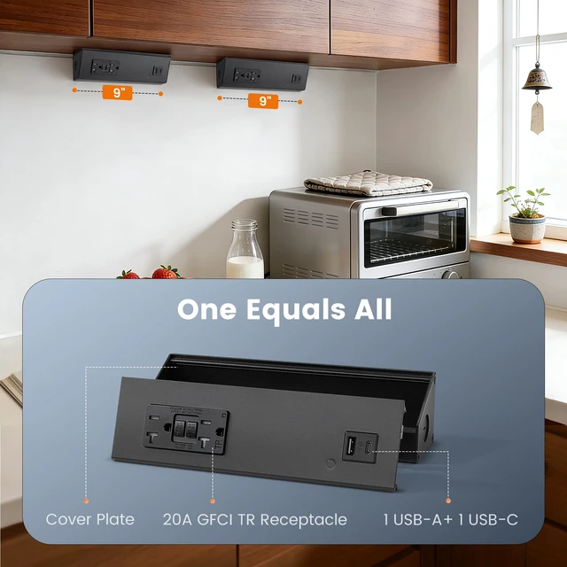 Alt view image 3 of 7 - 9 in Under Cabinet Outlet Strip with GFCI, Aluminum Design 20A TR GFCI Outlet, USB-A & USB-C, Angled Trapezoid Design, Modular Extension System, 125V 20A, Black, ETL Listed
