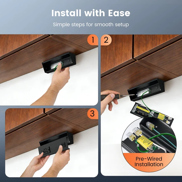 Alt view image 5 of 7 - 9 in Under Cabinet Outlet Strip with GFCI, Aluminum Design 20A TR GFCI Outlet, USB-A & USB-C, Angled Trapezoid Design, Modular Extension System, 125V 20A, Black, ETL Listed