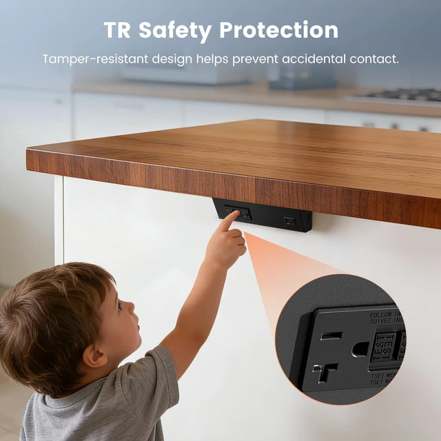 Alt view image 4 of 7 - 9 in Under Cabinet Outlet Strip with GFCI, Aluminum Design 20A TR GFCI Outlet, USB-A & USB-C, Angled Trapezoid Design, Modular Extension System, 125V 20A, Black, ETL Listed