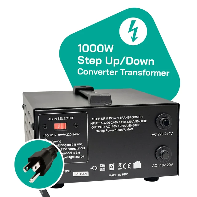Alt view image 2 of 7 - 1000 Watt Voltage Converter Transformer Step Up/Down - 110v to 220v / 220v to 110v Power Converter - Fully USA Grounded Cord - Universal Outlet Socket, 2x US Outlets - CE Certified