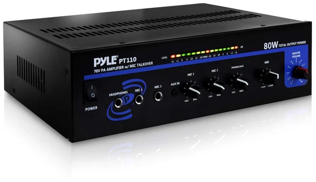 Main image of Compact Mono Public Address Amplifier - Professional 80 Watt Peak 70v PA Amplifier for Restaurants or Commercial Applications, 2 Mic Inputs With Independent Volume Control, Headphone In - PT110