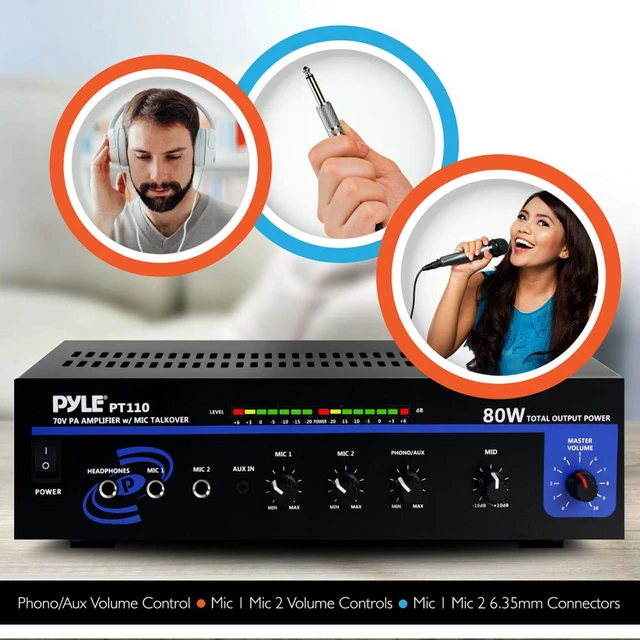 Alt view image 2 of 5 - Compact Mono Public Address Amplifier - Professional 80 Watt Peak 70v PA Amplifier for Restaurants or Commercial Applications, 2 Mic Inputs With Independent Volume Control, Headphone In - PT110