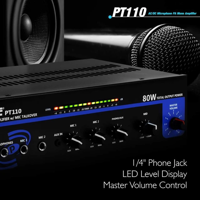 Alt view image 4 of 5 - Compact Mono Public Address Amplifier - Professional 80 Watt Peak 70v PA Amplifier for Restaurants or Commercial Applications, 2 Mic Inputs With Independent Volume Control, Headphone In - PT110