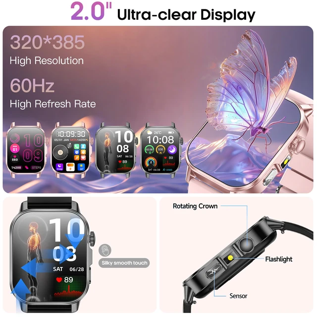 Alt view image 7 of 7 - Smart Watch for Men Women with 2.0" HD Display, Blood Pressure Oxygen Heart Rate Sleep Monitor, 136 Sports Modes, IP68 Waterproof Fitness Tracker with SOS, Flashlight (Black)