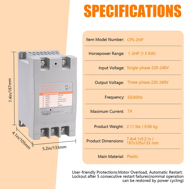 Alt view image 7 of 7 - Single Phase to 3 Phase Converter, 2HP 7A 220V Digital Phase Shifter 2HP 1.5KW 220-240V input/output 3 Phase Converter for 2HP Motor (One Converter for One Motor Only)
