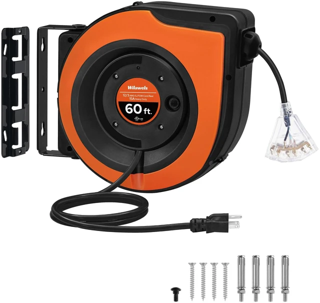 Main image of Retractable Cord Reel, 60 FT Heavy Duty Extension Cord, 12AWG/3C SJTOW, 3 Grounded Outlets Lighted Triple Tap, 15A Circuit Breaker, Wall/Ceiling Mounted, UL Listed, Orange B60CR06