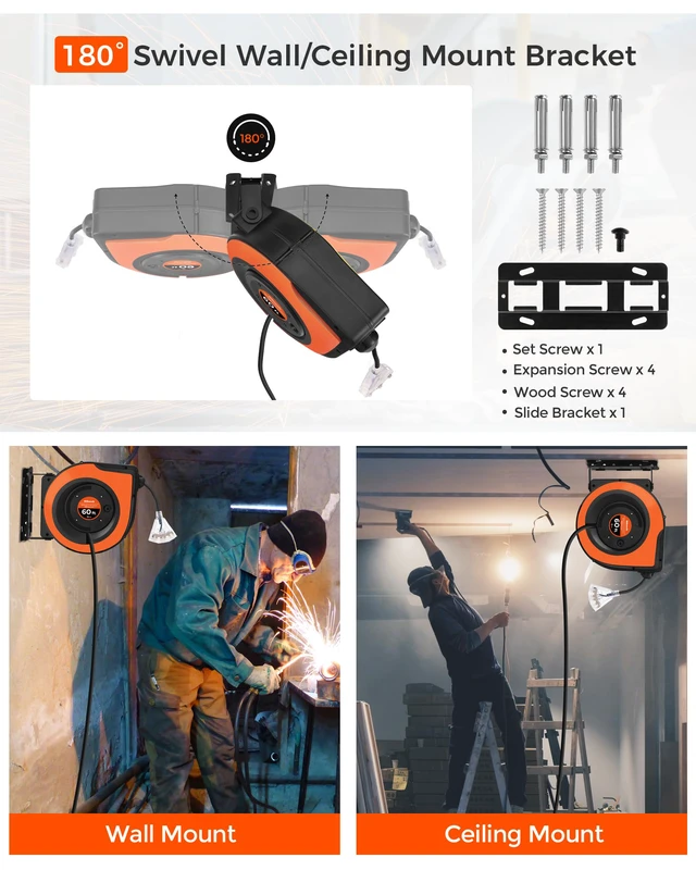 Alt view image 2 of 7 - Retractable Cord Reel, 60 FT Heavy Duty Extension Cord, 12AWG/3C SJTOW, 3 Grounded Outlets Lighted Triple Tap, 15A Circuit Breaker, Wall/Ceiling Mounted, UL Listed, Orange B60CR06