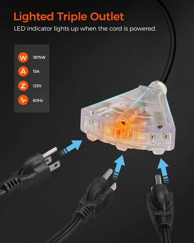 Alt view image 4 of 7 - Retractable Cord Reel, 60 FT Heavy Duty Extension Cord, 12AWG/3C SJTOW, 3 Grounded Outlets Lighted Triple Tap, 15A Circuit Breaker, Wall/Ceiling Mounted, UL Listed, Orange B60CR06