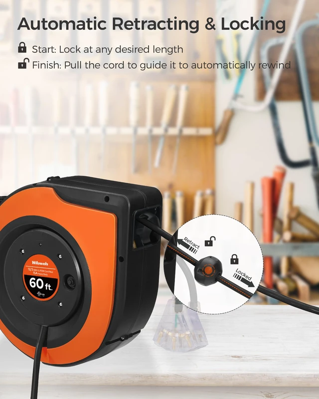 Alt view image 3 of 7 - Retractable Cord Reel, 60 FT Heavy Duty Extension Cord, 12AWG/3C SJTOW, 3 Grounded Outlets Lighted Triple Tap, 15A Circuit Breaker, Wall/Ceiling Mounted, UL Listed, Orange B60CR06
