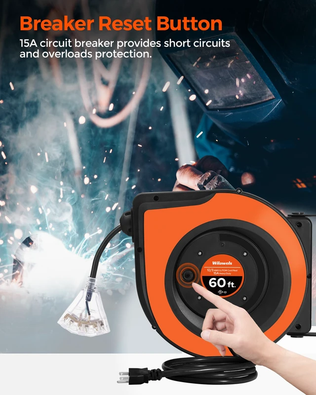 Alt view image 5 of 7 - Retractable Cord Reel, 60 FT Heavy Duty Extension Cord, 12AWG/3C SJTOW, 3 Grounded Outlets Lighted Triple Tap, 15A Circuit Breaker, Wall/Ceiling Mounted, UL Listed, Orange B60CR06