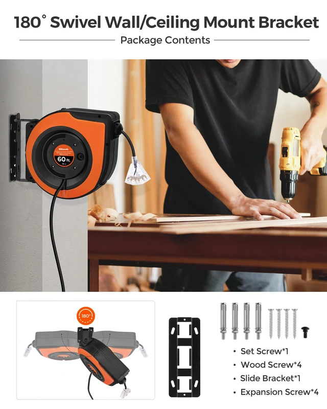 Alt view image 6 of 7 - Retractable Cord Reel, 60 FT Heavy Duty Extension Cord, 12AWG/3C SJTOW, 3 Grounded Outlets Lighted Triple Tap, 15A Circuit Breaker, Wall/Ceiling Mounted, UL Listed, Orange B60CR06
