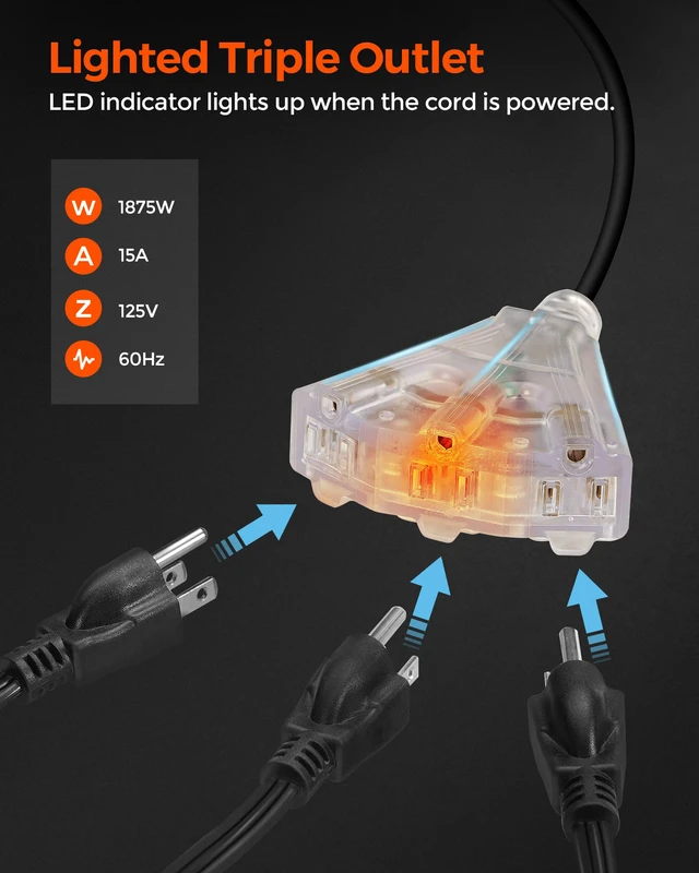 Alt view image 7 of 7 - Retractable Cord Reel, 60 FT Heavy Duty Extension Cord, 12AWG/3C SJTOW, 3 Grounded Outlets Lighted Triple Tap, 15A Circuit Breaker, Wall/Ceiling Mounted, UL Listed, Orange B60CR06