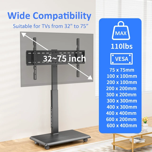 Alt view image 2 of 7 - Rolling TV Stand with Power Outlet for 32-75 Inch TVs, 110 lbs Capacity Built-in Power Outlet ±30° Swivel 18 Height Options Lockable Wheels VESA 75×75-600×400 mm for Home Office Outdoor