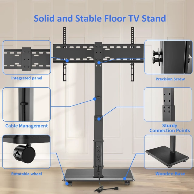 Alt view image 6 of 7 - Rolling TV Stand with Power Outlet for 32-75 Inch TVs, 110 lbs Capacity Built-in Power Outlet ±30° Swivel 18 Height Options Lockable Wheels VESA 75×75-600×400 mm for Home Office Outdoor