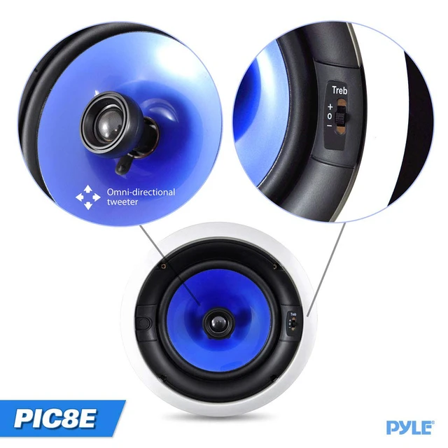 Alt view image 3 of 6 - 8 In-Wall / In-Ceiling Speakers, 250W Peak, Hi-Fi Stereo Sound, Pivoting Adjustable Coaxial Silk Dome Tweeter, Poly Cone Woofer, Stain Resistant Grill, For Home Theater, Custom Installs- Pair