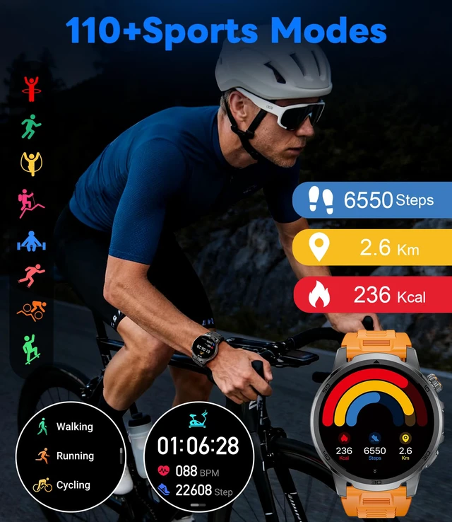 Alt view image 7 of 7 - Military Smart Watch for Men Answer/Make Call, 1.85'' HD Rugged Smartwatch with 1000mAh Battery/Flashlight/Heart Rate/110+ Sports Mode, IP68 Waterproof Fitness Tracker Watch for Android iPhone