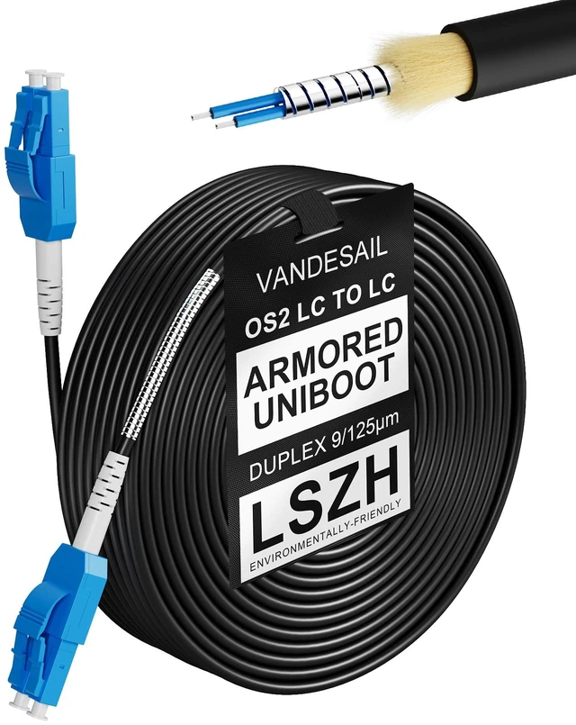 Main image of Uniboot Armored Single Mode Fiber Patch Cable LC to LC OS2 75M/246FT Outdoor 10G Duplex Fiber Jumper Optical Cable UPC Connectors SMF for SFP, FTTH, Data Center, LAN LSZH 9/125m Black