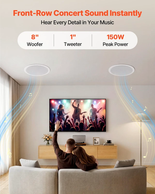 Alt view image 2 of 7 - in Ceiling Speakers, 8", in-Ceiling & in-Wall Speaker System, Hi-Fi Sound, 150W Peak, 2-Way Flush Mount Speakers, for Damp Humid Placement, Home Theater, Living Room, or Covered Patio, 1 Pair