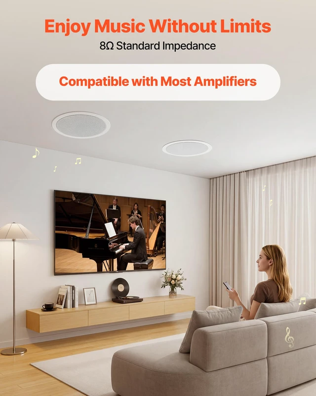 Alt view image 3 of 7 - in Ceiling Speakers, 8", in-Ceiling & in-Wall Speaker System, Hi-Fi Sound, 150W Peak, 2-Way Flush Mount Speakers, for Damp Humid Placement, Home Theater, Living Room, or Covered Patio, 1 Pair