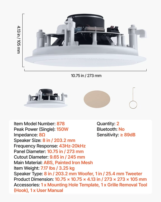 Alt view image 7 of 7 - in Ceiling Speakers, 8", in-Ceiling & in-Wall Speaker System, Hi-Fi Sound, 150W Peak, 2-Way Flush Mount Speakers, for Damp Humid Placement, Home Theater, Living Room, or Covered Patio, 1 Pair