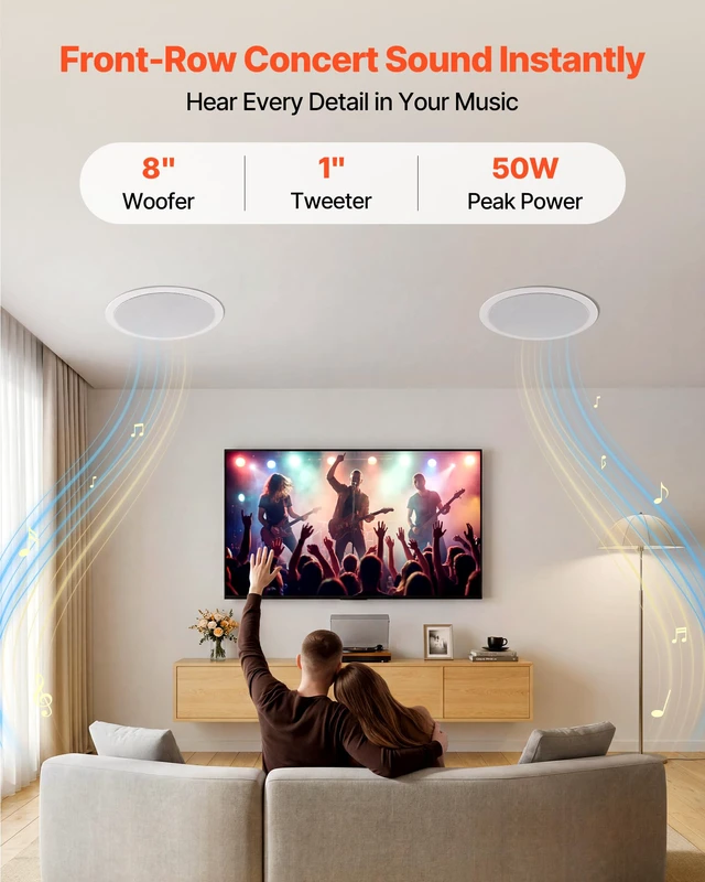 Alt view image 2 of 7 - Bluetooth Ceiling Speakers, 8", in Ceiling & in-Wall Speaker System with Amplifier, 2-Way Flush Mount Speakers, for Damp Humid Placement, Home Theater, Living Room, or Covered Patio, 1 Pair