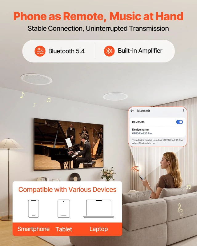Alt view image 3 of 7 - Bluetooth Ceiling Speakers, 8", in Ceiling & in-Wall Speaker System with Amplifier, 2-Way Flush Mount Speakers, for Damp Humid Placement, Home Theater, Living Room, or Covered Patio, 1 Pair