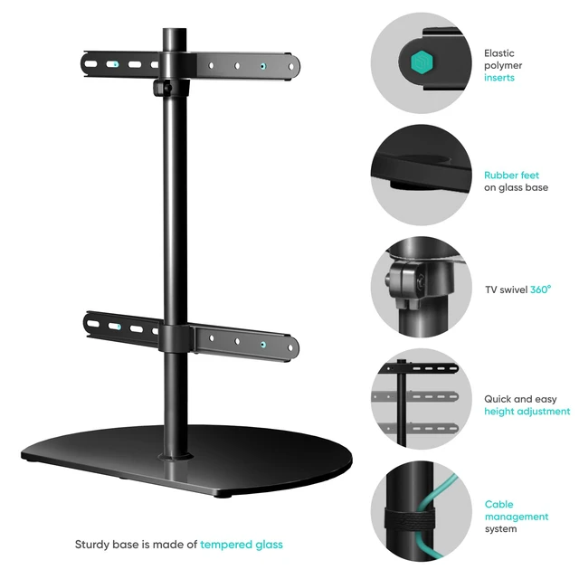 Alt view image 4 of 7 - Universal TV Stand for 32-65 Inch Screen up to 77 lbs, Height Adjustable, Swivel TV Stand Pedestal, VESA 100x100-400x400, Table Top TV Mount Stand with Tempered Glass Base Black