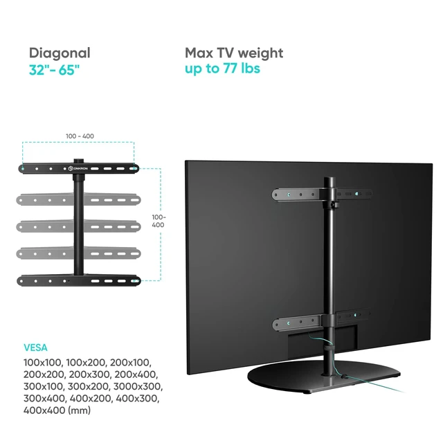 Alt view image 6 of 7 - Universal TV Stand for 32-65 Inch Screen up to 77 lbs, Height Adjustable, Swivel TV Stand Pedestal, VESA 100x100-400x400, Table Top TV Mount Stand with Tempered Glass Base Black