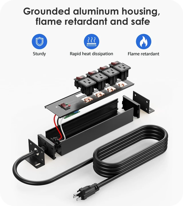 Alt view image 5 of 7 - 12 Gauge Long Extension Cord, Individual Switches, Black, 50FT. Multiple Outlets, Heavy Duty Surge Protector Power Strip, Outdoor, Grounded, Appliance, Garage Wall Mount Plug Extender