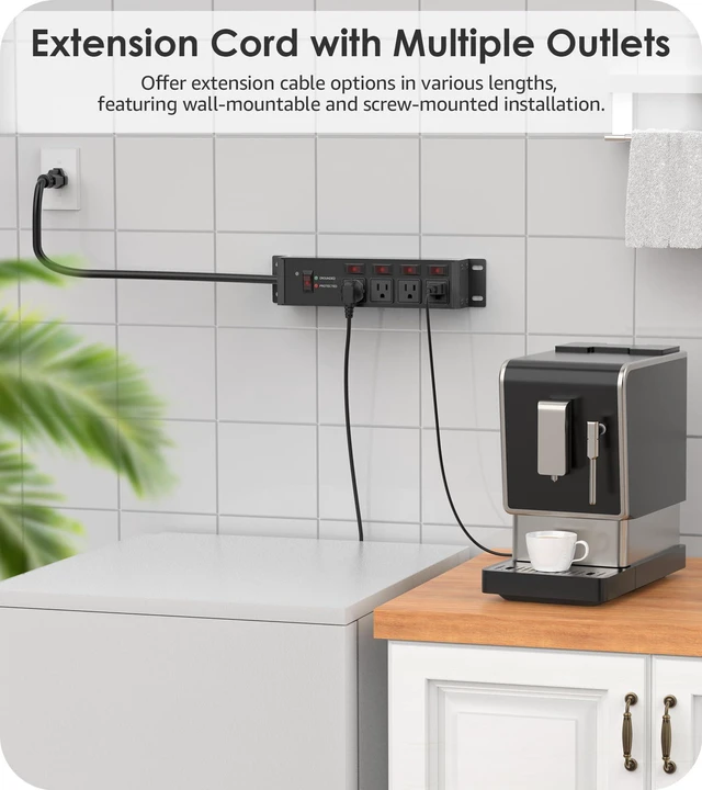 Alt view image 6 of 7 - 12 Gauge Long Extension Cord, Individual Switches, Black, 50FT. Multiple Outlets, Heavy Duty Surge Protector Power Strip, Outdoor, Grounded, Appliance, Garage Wall Mount Plug Extender