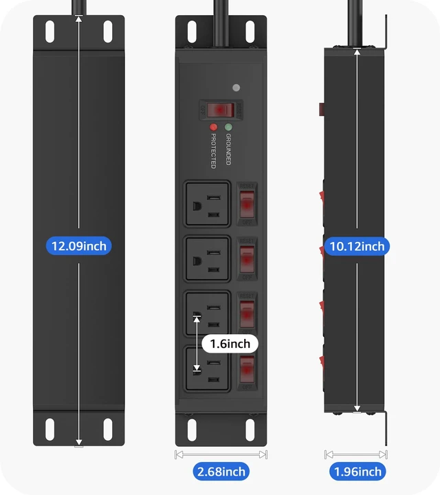Alt view image 7 of 7 - 12 Gauge Long Extension Cord, Individual Switches, Black, 50FT. Multiple Outlets, Heavy Duty Surge Protector Power Strip, Outdoor, Grounded, Appliance, Garage Wall Mount Plug Extender
