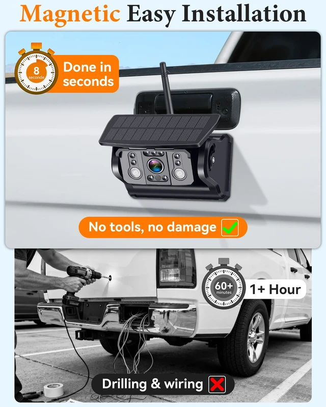 Alt view image 2 of 7 - Magnetic Wireless Backup Camera for Truck Strong Magnet, Portable 1-Min Easy Install Without Tools, 1080P HD Clear Night Vision, Solar Powered Backup Camera for Hitching & Parking