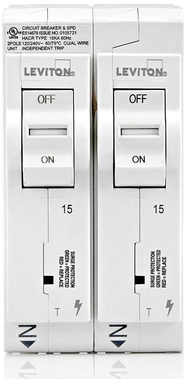 Main image of Surge Protective Device with Two 15A 1-Pole Plug-On Standard Branch Circuit Breakers, Thermal Magnetic, 120/240 VAC, LSPD1-T, White