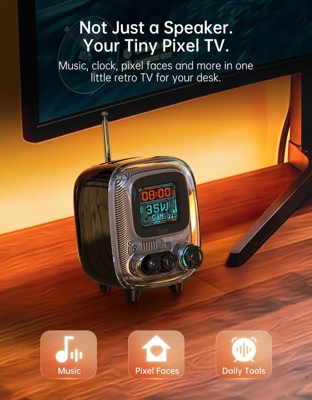 Alt view image 2 of 7 - Tiivoo-2 Retro Bluetooth Speaker, FM Radio, Pixel Art Display, Black Alarm Clock, Portable Mini Wireless Speaker, Cute Vintage Desk Decor Gift