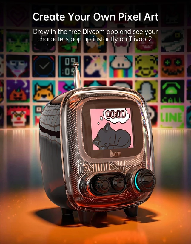 Alt view image 6 of 7 - Tiivoo-2 Retro Bluetooth Speaker, FM Radio, Pixel Art Display, Black Alarm Clock, Portable Mini Wireless Speaker, Cute Vintage Desk Decor Gift