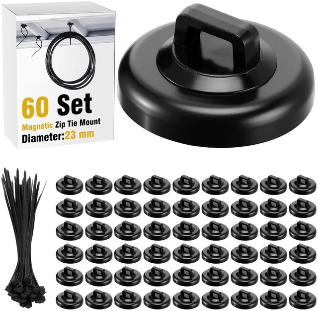 Main image of 60 Set Magnetic Zip Tie Mount and Nylon Cable Ties, 23 mm Multipurpose Wire Cable Holder Mount Wire Clips Management Electrical Organization Supplies (Black)