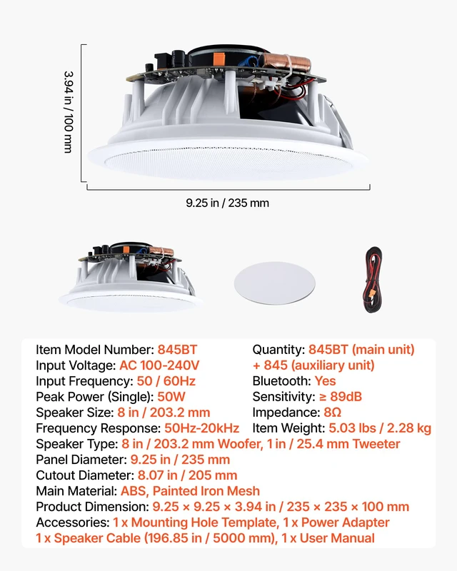 Alt view image 7 of 7 - Bluetooth Ceiling Speakers, 8", in Ceiling & in-Wall Speaker System with Amplifier, 2-Way Flush Mount Speakers, for Damp Humid Placement, Home Theater, Living Room, or Covered Patio, 1 Pair