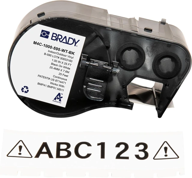 Main image of Authentic (M4C-1000-595-WT-BK) All-Weather Vinyl Labels 1 in W x 25ft Black on White. for use with BMP41, BMP51, M410, M510, and M511 Label Printers