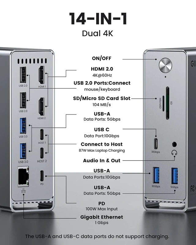 Alt view image 2 of 7 - MacBook Pro Docking Station, 14-in-2 Dual USB C Docking Station Dual Monitor for MacBook Pro (Not M1) with Dual 4K HDMI 60Hz, 10Gbps USB A/C,3 USB 3.0,2USB 2.0 RJ45, Audio, SD/TF Slots, 100W PD