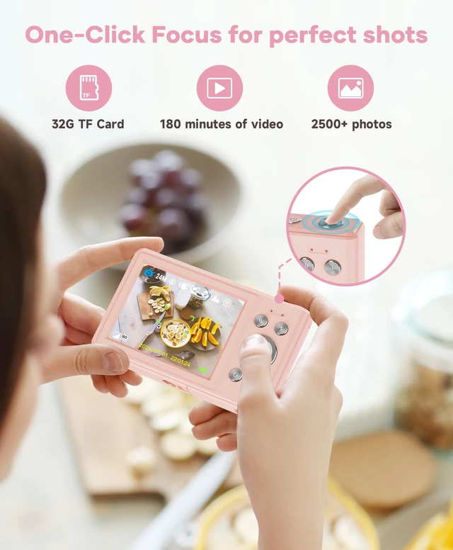 Alt view image 7 of 7 - Digital Camera 56MP, FHD 1080P Point & Shoot Camera with 32GB SD Card, 2 Batteries, and Lanyard, Ideal for Kids & Teens, Suitable Gift for Girls Pink, 3-Pack