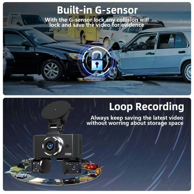 Alt view image 6 of 7 - 4 Channel Dash Cam Front and Rear Inside Left Right Car Dash Camera 360 View, 2.5K QHD Car Camera Supper Night Vision, 5G WiFi 3.16 IPS Touch Screen, G-Sensor,24H Parking Mode Free128G Card 256G Max