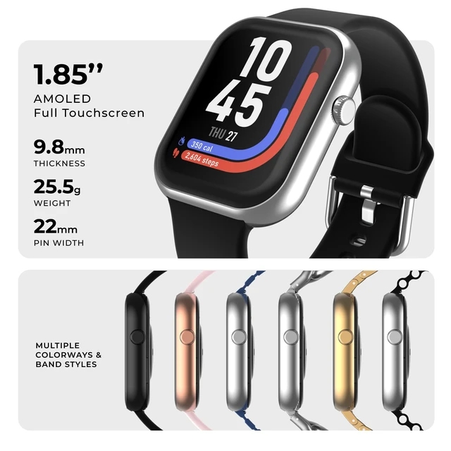 Alt view image 2 of 7 - AIR 5 Smartwatch, 1.85" AMOLED Display, Bluetooth Calling, 100+ Sports Modes, Heart Rate, SpO2, Sleep & Stress Tracking, Water Resistant, 7-Day Battery Life, for Android & iPhone