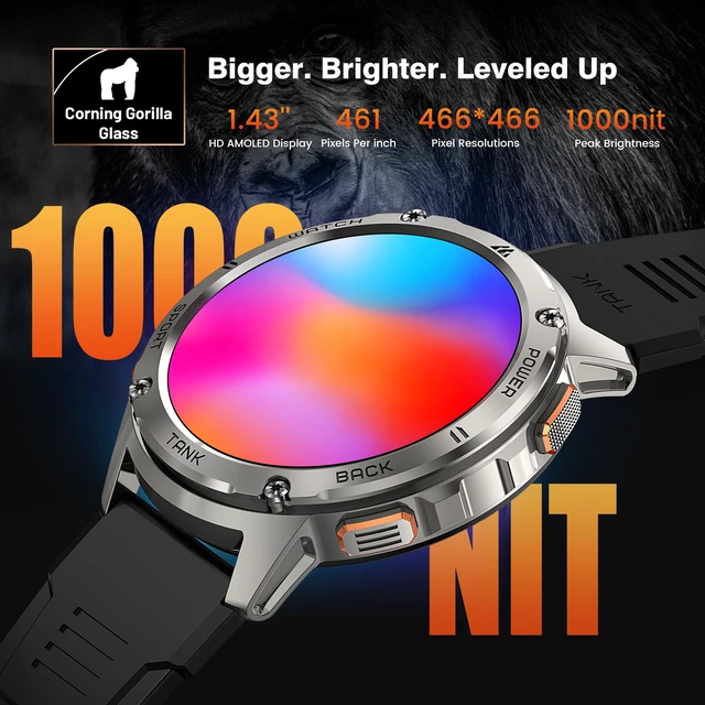 Alt view image 3 of 7 - Tank T3 Smart Watch, 5 ATM & IP69K Waterproof, 60-Day Long Battery 1.43 AMOLED Full Metal Body Rugged Military Smartwatch, 170+ Sport Modes, Answer/Make Calls, Fitness Watch for Android/iOS