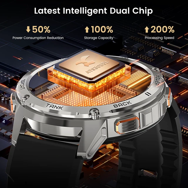 Alt view image 4 of 7 - Tank T3 Smart Watch, 5 ATM & IP69K Waterproof, 60-Day Long Battery 1.43 AMOLED Full Metal Body Rugged Military Smartwatch, 170+ Sport Modes, Answer/Make Calls, Fitness Watch for Android/iOS