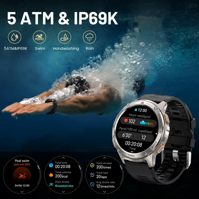 Alt view image 5 of 7 - Tank T3 Smart Watch, 5 ATM & IP69K Waterproof, 60-Day Long Battery 1.43 AMOLED Full Metal Body Rugged Military Smartwatch, 170+ Sport Modes, Answer/Make Calls, Fitness Watch for Android/iOS
