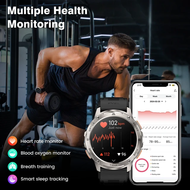 Alt view image 6 of 7 - Tank T3 Smart Watch, 5 ATM & IP69K Waterproof, 60-Day Long Battery 1.43 AMOLED Full Metal Body Rugged Military Smartwatch, 170+ Sport Modes, Answer/Make Calls, Fitness Watch for Android/iOS