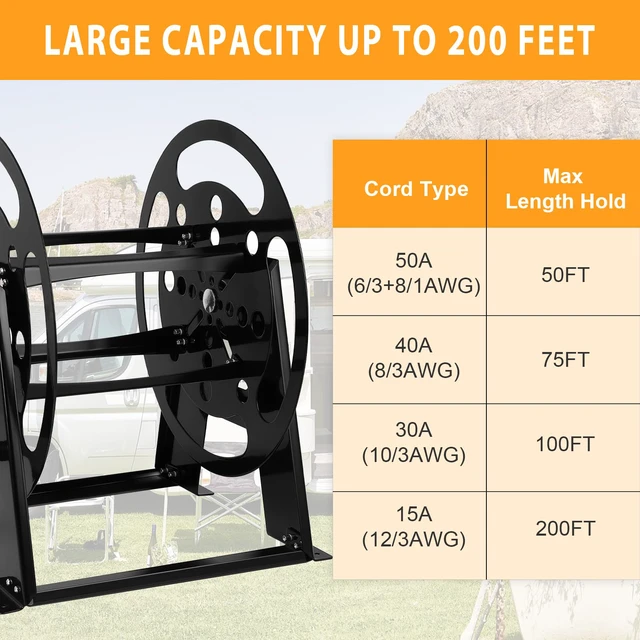 Alt view image 5 of 6 - RV Extension Cord Reel Stand, 50-200 FT RV Extension Cord Reel Holder with Durable Bearings, Metal Heavy Duty Power Cord Storage Reel with Anti-rust Coating