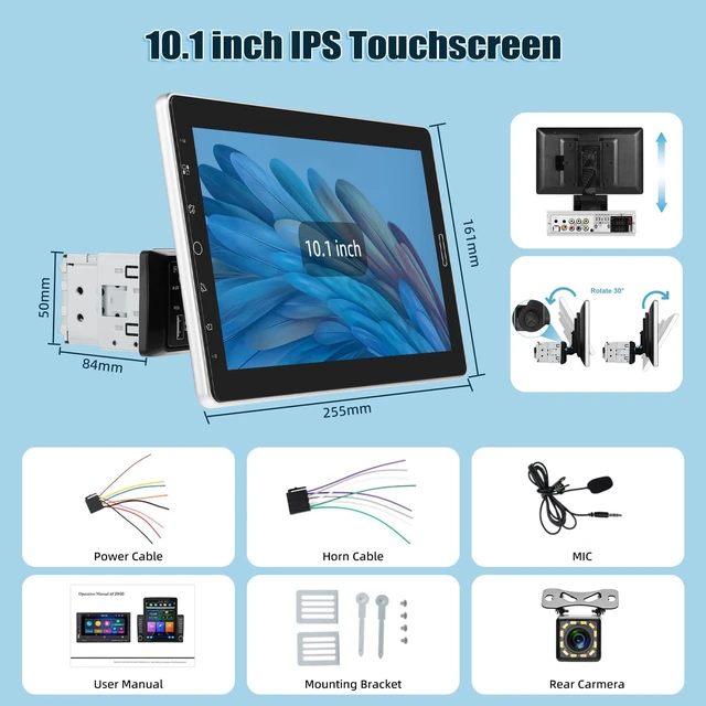 Alt view image 7 of 7 - 10.1 inch Single Din Car Stereo Wireless Carplay 10 inch Touchscreen Radio Support FM Radio/YouTube Video/Car Play/Android Auto/Bluetooth/SWC + Backup Camera + Mic