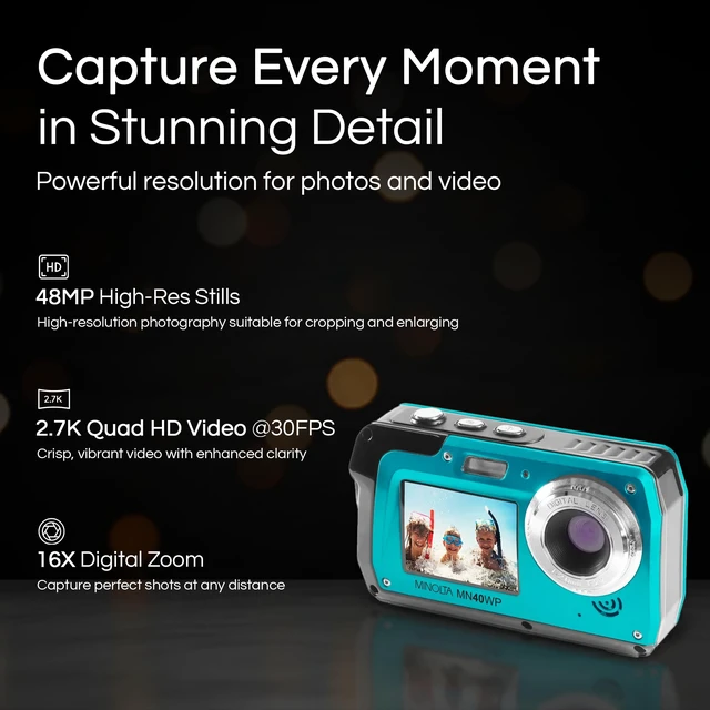 Alt view image 2 of 5 - MN40WP 48MP QHD Dual LCD Screen Waterproof Camera, Blue Waterproof design captures photos and HD video at the beach, pool and on outdoor adventures
