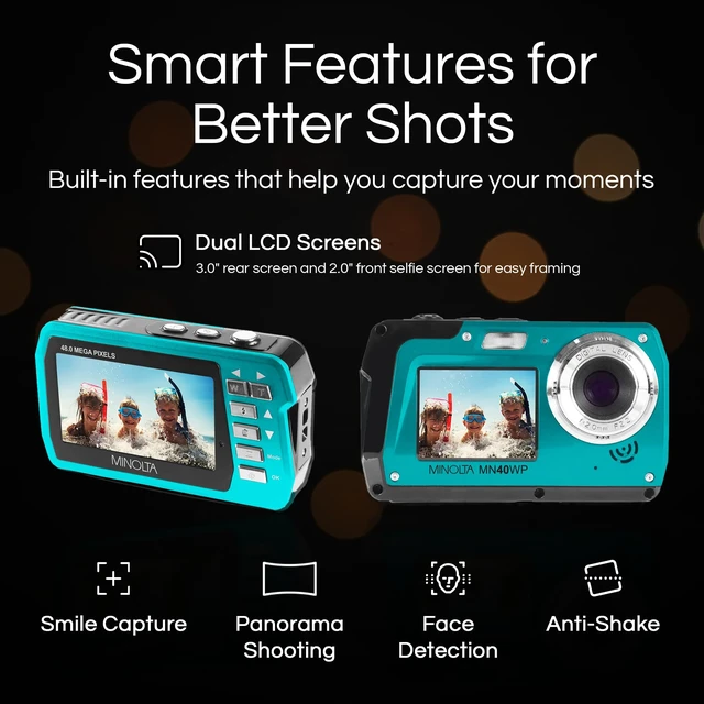 Alt view image 3 of 5 - MN40WP 48MP QHD Dual LCD Screen Waterproof Camera, Blue Waterproof design captures photos and HD video at the beach, pool and on outdoor adventures